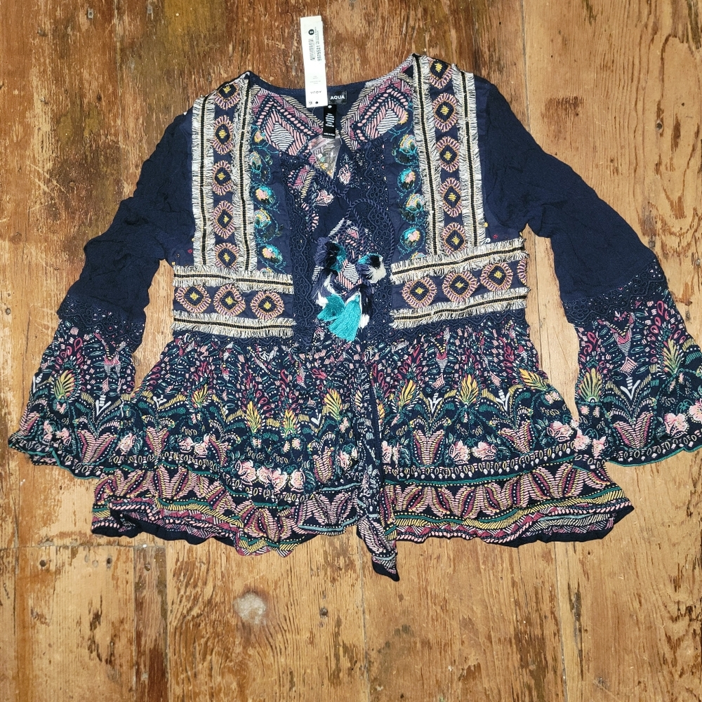Aqua Embroidered Printed Top jacket Shacket Boho chic Hippie Tassel - Picture 2 of 15